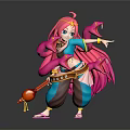 Game and Movie Character Featuring Pink Long Hair Blue Top Brown Pants Holding Musical Instrument
