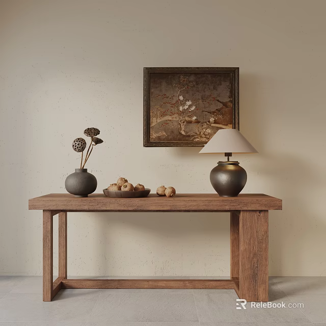 Wooden Console Table With Decorative Vases Dried Flowers Table Lamp And Wall Art 3d model 