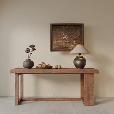 Wooden Console Table With Decorative Vases Dried Flowers Table Lamp And Wall Art 3d model