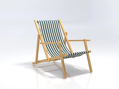 Foldable Wooden Single Chair With Blue And White Striped Seat And Backrest 3d model
