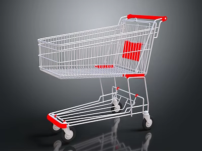 White Metal Shopping Cart With Red Accents And Rolling Wheels Design 3d model