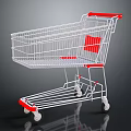 White Metal Shopping Cart With Red Accents And Rolling Wheels Design