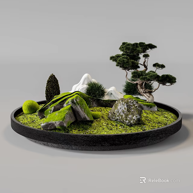 Decorative Plant Arrangement With Pine Tree Moss Rocks And Miniature Mountains In Black Tray 3d model 