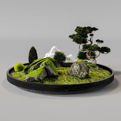Decorative Plant Arrangement With Pine Tree Moss Rocks And Miniature Mountains In Black Tray 3d model