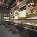 Modern Restaurant Interior With Gray Tiled Walls Hanging Lamps Bar Counter And Dining Tables