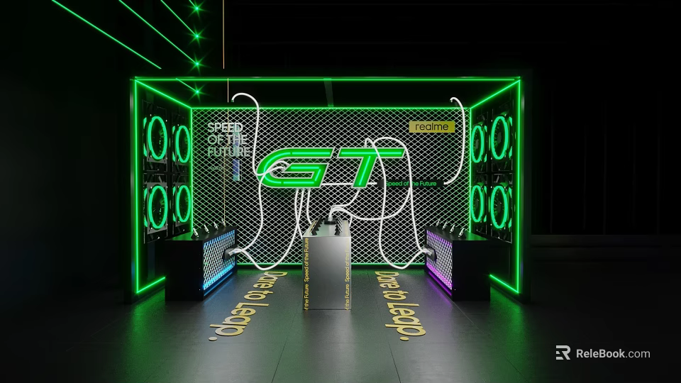 GT Themed Display Area With Green Neon Lights Grid Background And Illuminated Text 3d model 
