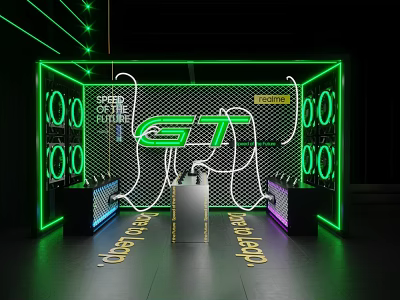 GT Themed Display Area With Green Neon Lights Grid Background And Illuminated Text 3d model