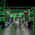 GT Themed Display Area With Green Neon Lights Grid Background And Illuminated Text