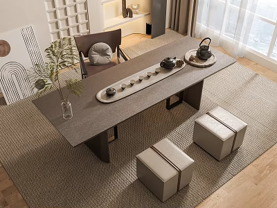 Modern Rectangular Tea Table and Chairs with Tea Set Stools Plant Rug Natural Light 3d model