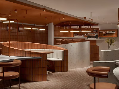 Modern Restaurant Interior Design With Curved Wooden Bar Leather Seats And Pendant Lights 3d model