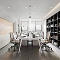 Modern Office Open Space Interior With Marble Counter Wooden Elements Hanging Lights And Bookshelves