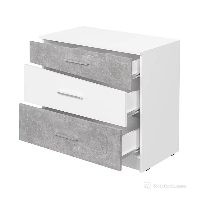 Modern White Bedside Table with Three Gray and White Drawers and Metal Handles 3d model 