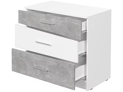 Modern White Bedside Table with Three Gray and White Drawers and Metal Handles 3d model