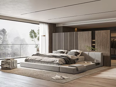Modern Bedroom Interior With Large Bed Floor To Ceiling Window And Mountain View 3d model