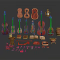 Collection Of Musical Instruments And Art Supplies Including Violins Guitars Paints Brushes And Tools