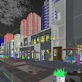 Modern Commercial Street With Storefronts Outdoor Seating Greenery Umbrellas And Pedestrians Dining