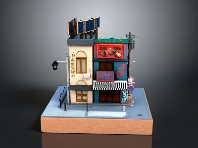 Detailed Miniature Building Model With Solar Panels Shop Sign And Striped Awning 3d model