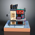 Detailed Miniature Building Model With Solar Panels Shop Sign And Striped Awning