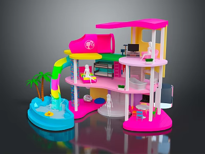 Scenic View of Playful Colorful Toy House With Pink Slide Blue Pool and Palm Tree 3d model