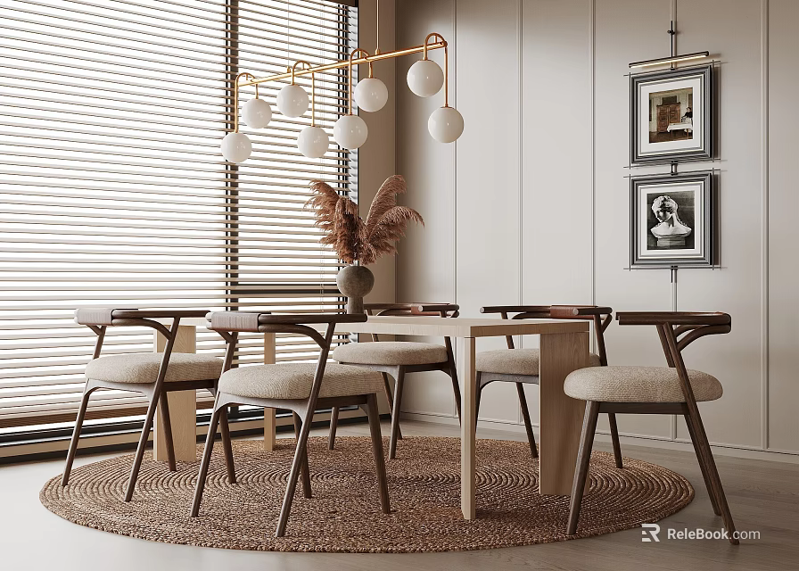 Elegant Modern Restaurant Dining Area With Round Table Wooden Chairs Pendant Lights And Framed 3d model 