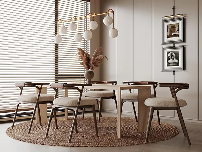Elegant Modern Restaurant Dining Area With Round Table Wooden Chairs Pendant Lights And Framed 3d model