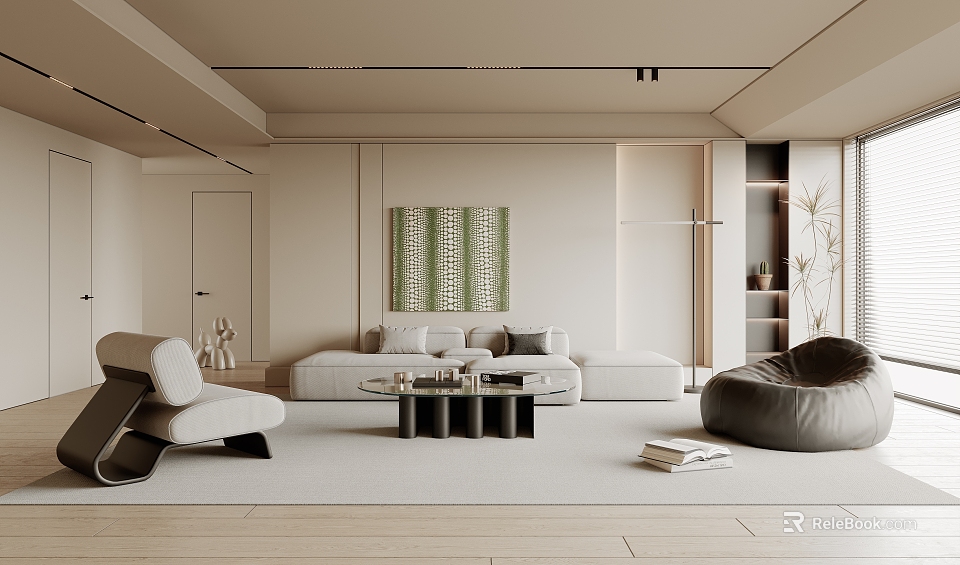 Modern Minimalist Living Room With Light Tones Sofa Coffee Table And Decorative Painting 3d model 