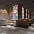 Traditional Restaurant Interior With Stained Glass Windows Hanging Pendant Lights Long Tables And Leather Benches