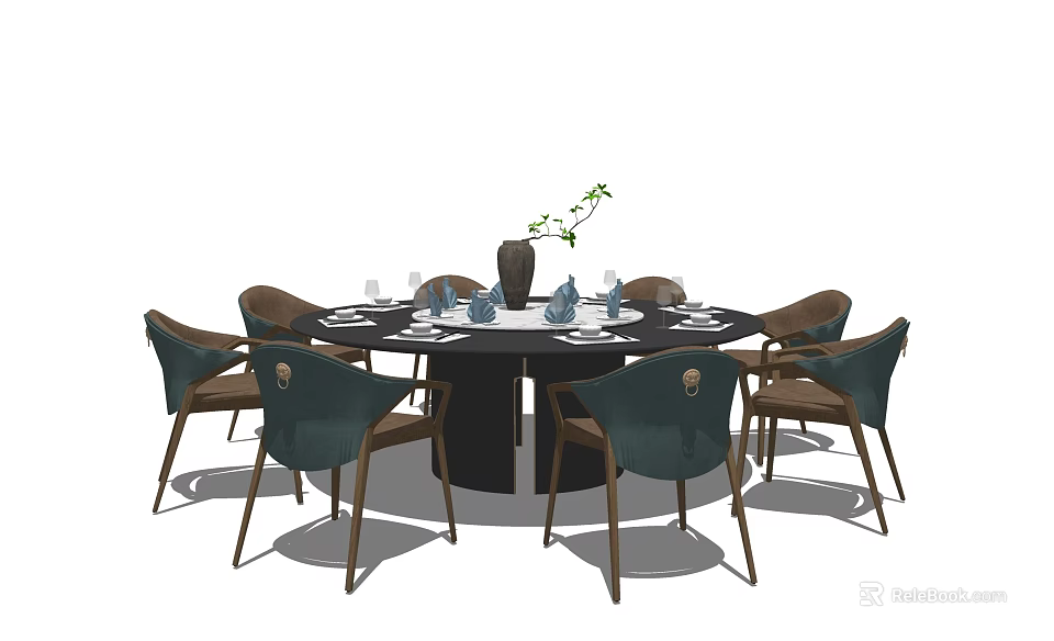 Modern Round Dining Table Set with Green Chairs Tableware and Decorative Vase 3d model