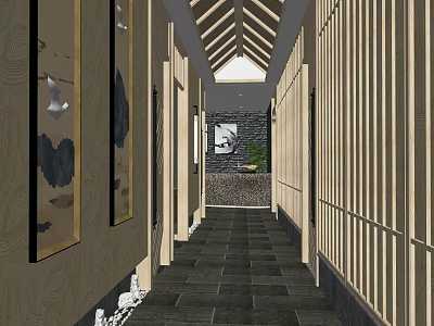 Elevator Corridor Interior Design With Wooden Walls Decorative Paintings And Tile Floor 3d model