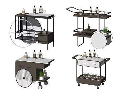 Various Designed Rolling Bar Carts With Bottles Glasses Plants And Storage Shelves 3d model