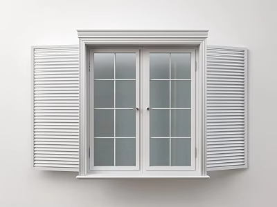 White Window Shutters With Double Glass Paned Window And White Wall 3d model