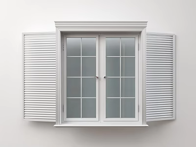 White Window Shutters With Double Glass Paned Window And White Wall 3d model