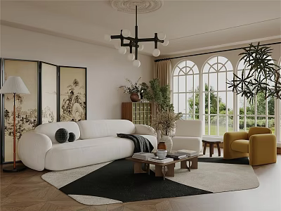 Elegant Modern Living Room Interior With White Sofa Black Chandelier Yellow Armchair And Green Plants 3d model
