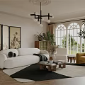 Elegant Modern Living Room Interior With White Sofa Black Chandelier Yellow Armchair And Green Plants