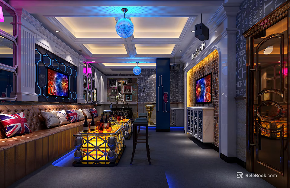Modern KTV Interior Design With Colorful Lighting Comfortable Sofa Seating TV Screens And Bar Counter 3d model 