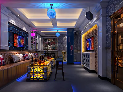 Modern KTV Interior Design With Colorful Lighting Comfortable Sofa Seating TV Screens And Bar Counter 3d model
