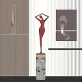 Red Human Figure Sculpture On Marble Base In Modern Interior Featuring Wooden Wall Decorative Painting