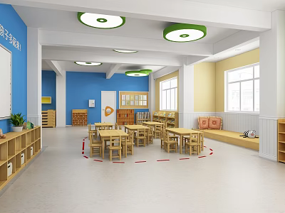 School Kindergarten Classroom Featuring Blue Yellow Walls Tables Chairs Bookshelves Windows And Green Pendant Lights 3d model