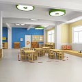 School Kindergarten Classroom Featuring Blue Yellow Walls Tables Chairs Bookshelves Windows And Green Pendant Lights