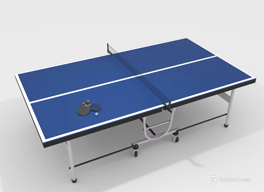 Sports Equipment Table Tennis Table With Blue Surface White Lines Paddles And Ball On Top 3d model 