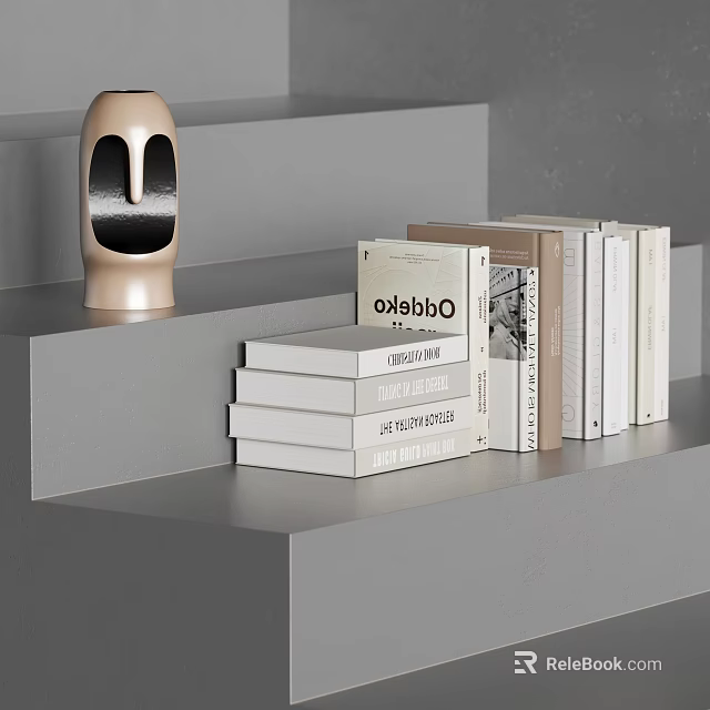 Gray Stepped Shelf Display With Various White Beige Books And Golden Humanoid Head Sculpture 3d model 