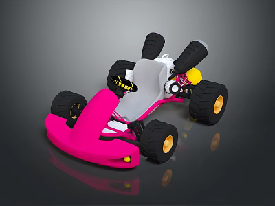 Pink Go-Kart with Large Black Wheels Gray Seat Yellow Accents and Fun Cartoon Design 3d model