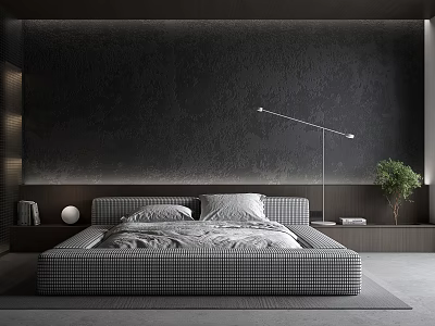 Modern Bedroom Interior With Dark Wall Checkered Bed Floor Lamp Green Plant And Bedside Cabinet 3d model