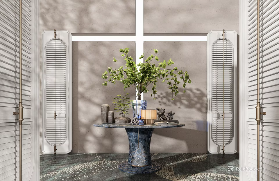 Elegant Entryway Console Table With Green Plant Vase Decorative Items And Louvered Doors 3d model 