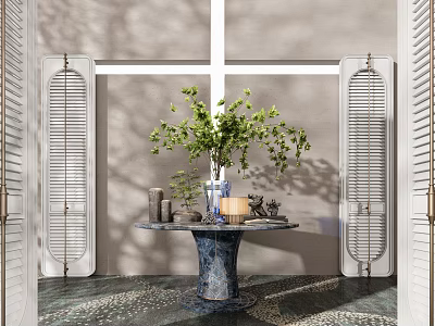 Elegant Entryway Console Table With Green Plant Vase Decorative Items And Louvered Doors 3d model