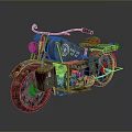 Vintage Green Camouflage Motorcycle Featuring Orange Seat And Rusty Retro Style