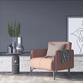 Modern Peach Armchair With Side Table Vase Greenery And Abstract Line Art On Gray Wall