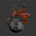 Red And Blue Mechanical Device With Silver Spherical Base Intricate Pipes And Panels