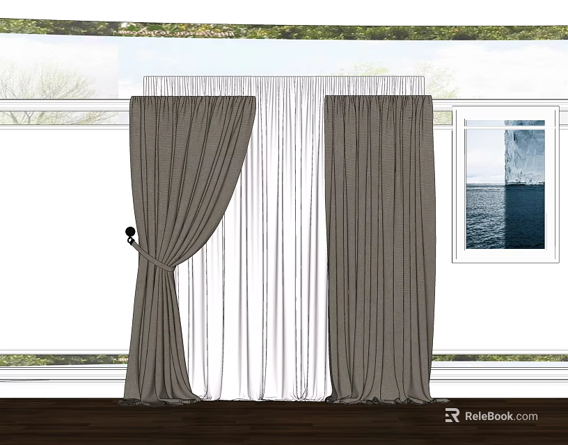 Brown Curtains With White Sheer Panels Hanging On Window For Home Interior Design 3d model 