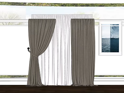 Brown Curtains With White Sheer Panels Hanging On Window For Home Interior Design 3d model